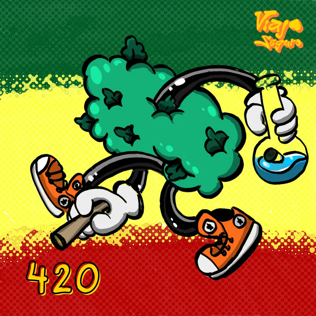 Portada: ilustración de un cogollo de cannabis con tenis y manos que sostienen un porro y una pipa de agua, sobre franjas verde, amarilla y roja, con el número 420.