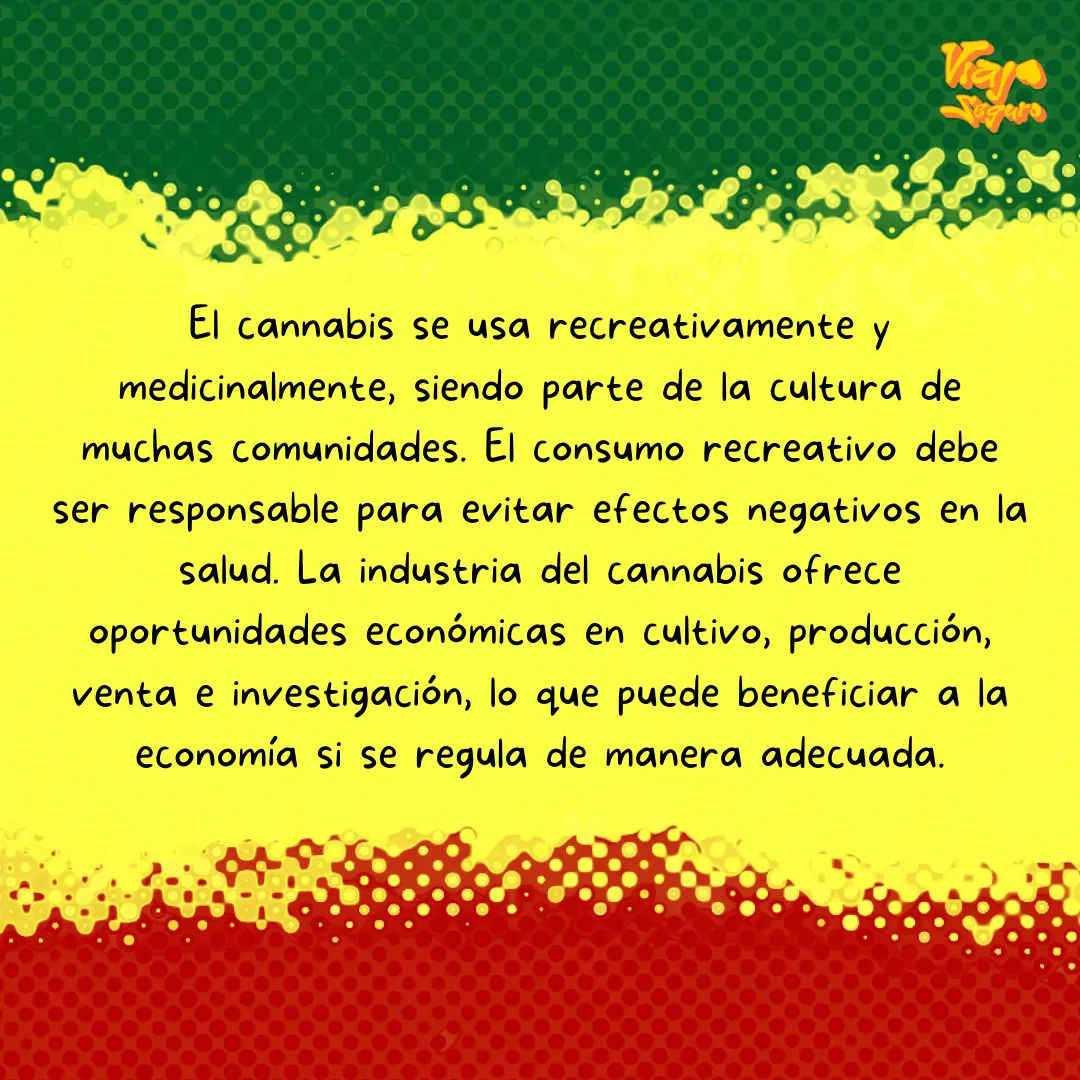 Franjas verde, amarilla y roja con el texto sobre los usos del cannabis.