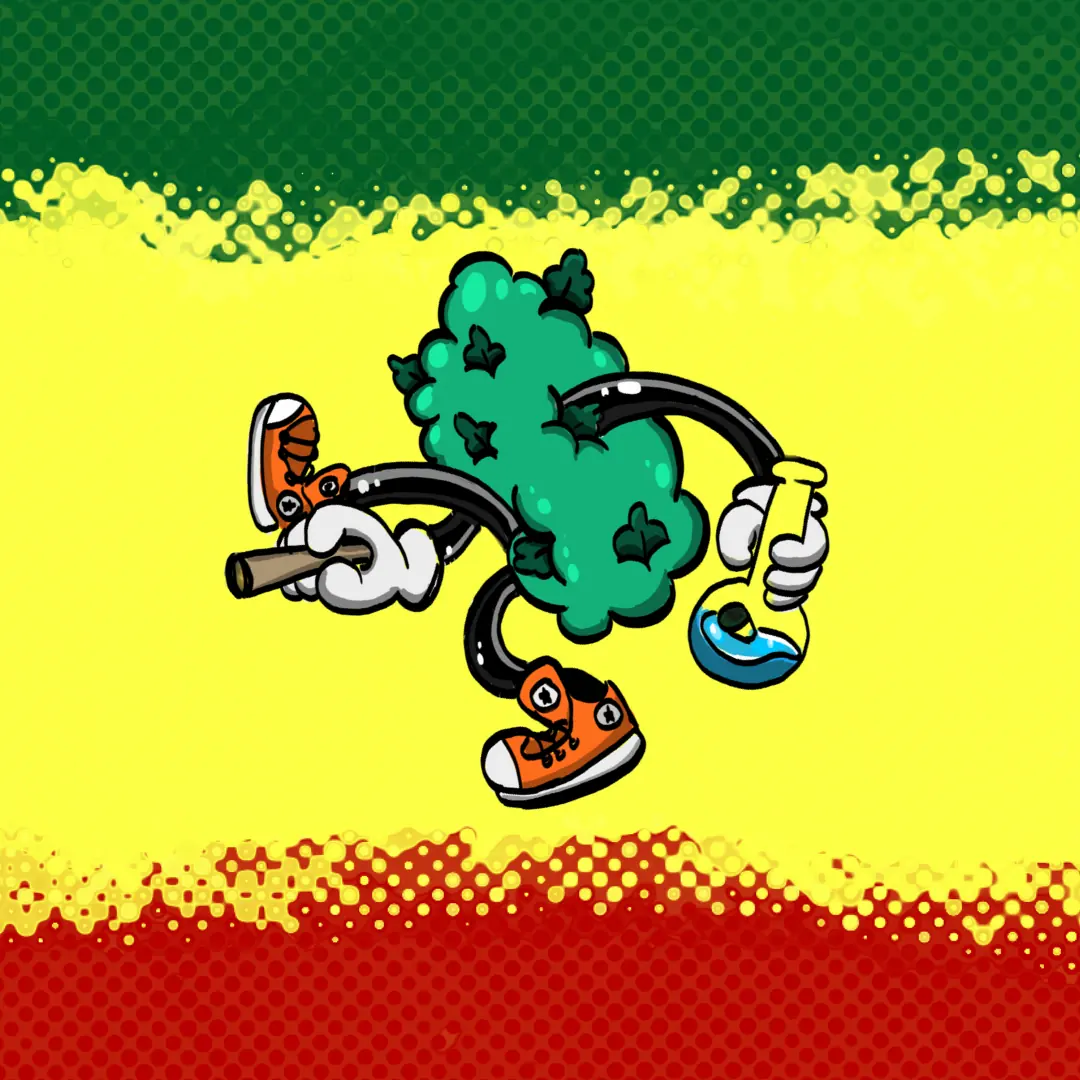 Ilustración del cogollo de cannabis con tenis, sin texto.