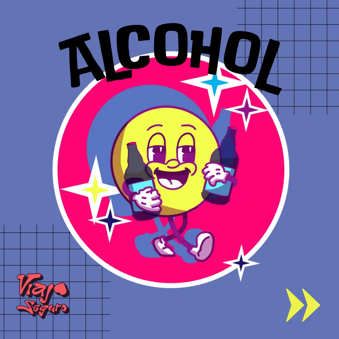 Portada: un emoji amarillo con dos cervezas sobre un círculo rosa, bajo el título ALCOHOL.