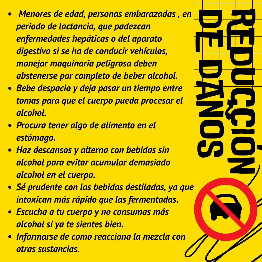 Fondo amarillo con recomendaciones de reducción de daños y una señal de prohibido conducir.