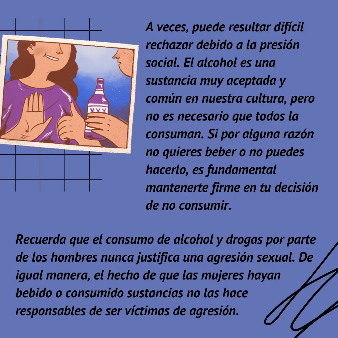 Ilustración de una persona rechazando con la mano una botella que le ofrecen, junto a un texto sobre presión social.