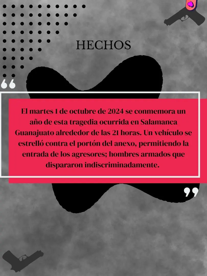 Fondo gris con siluetas de pistolas y un recuadro rosa con el relato de los hechos.
