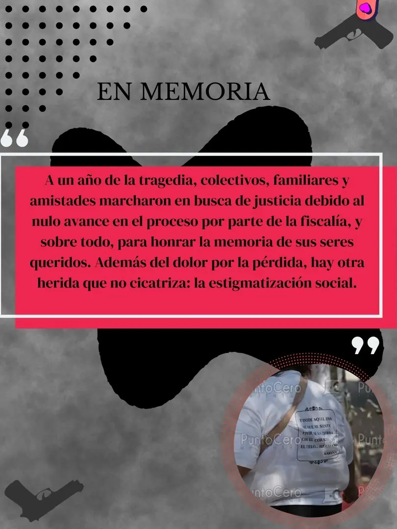 Recuadro rosa y, abajo, la foto de una playera con un mensaje de despedida en una marcha.
