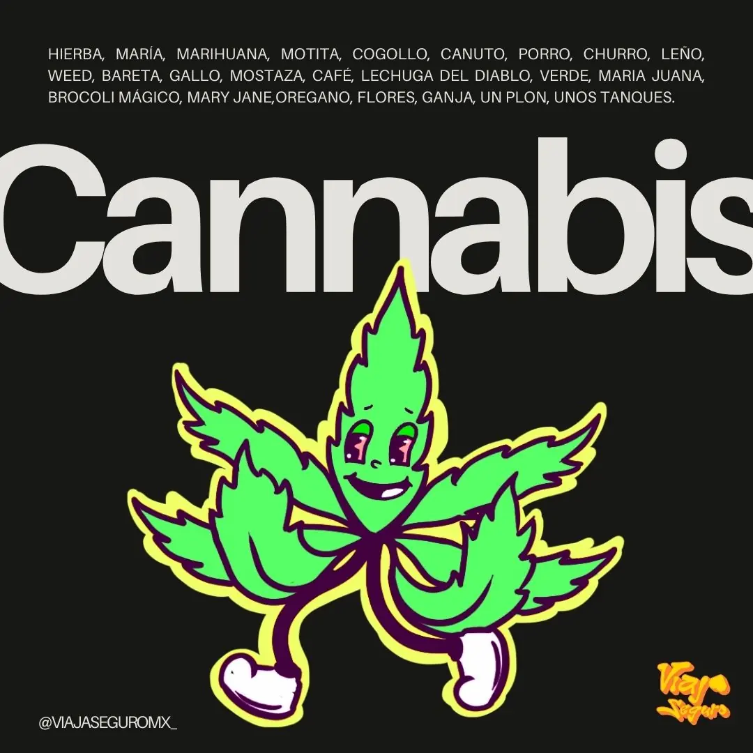 Portada negra con una hoja de cannabis caricaturizada y una lista de apodos de la planta.
