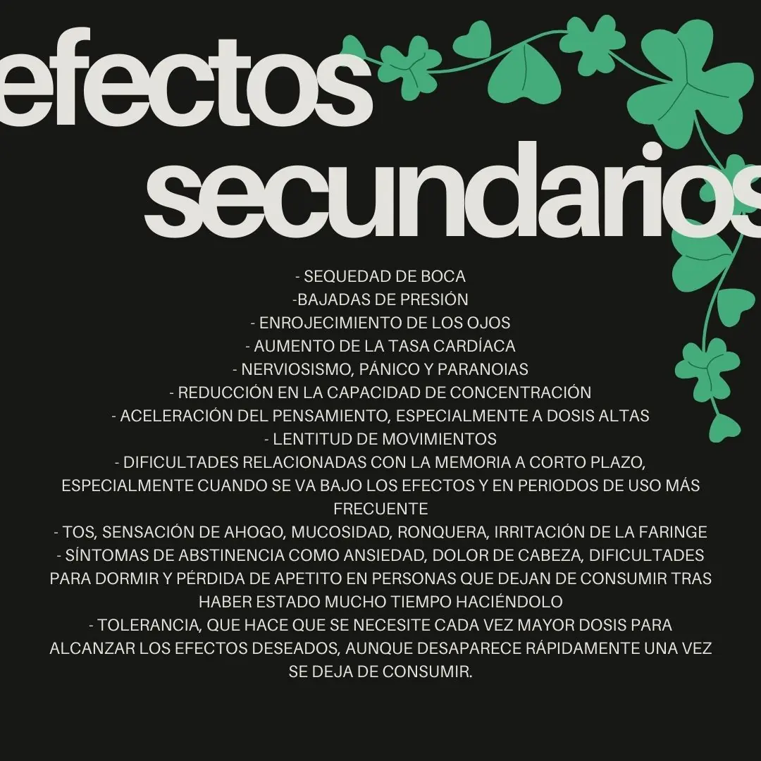 Fondo negro con enredaderas verdes y la lista de efectos secundarios.