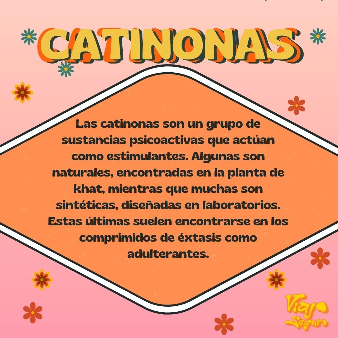 Portada rosa con flores retro y un rombo naranja con la definición de catinonas.