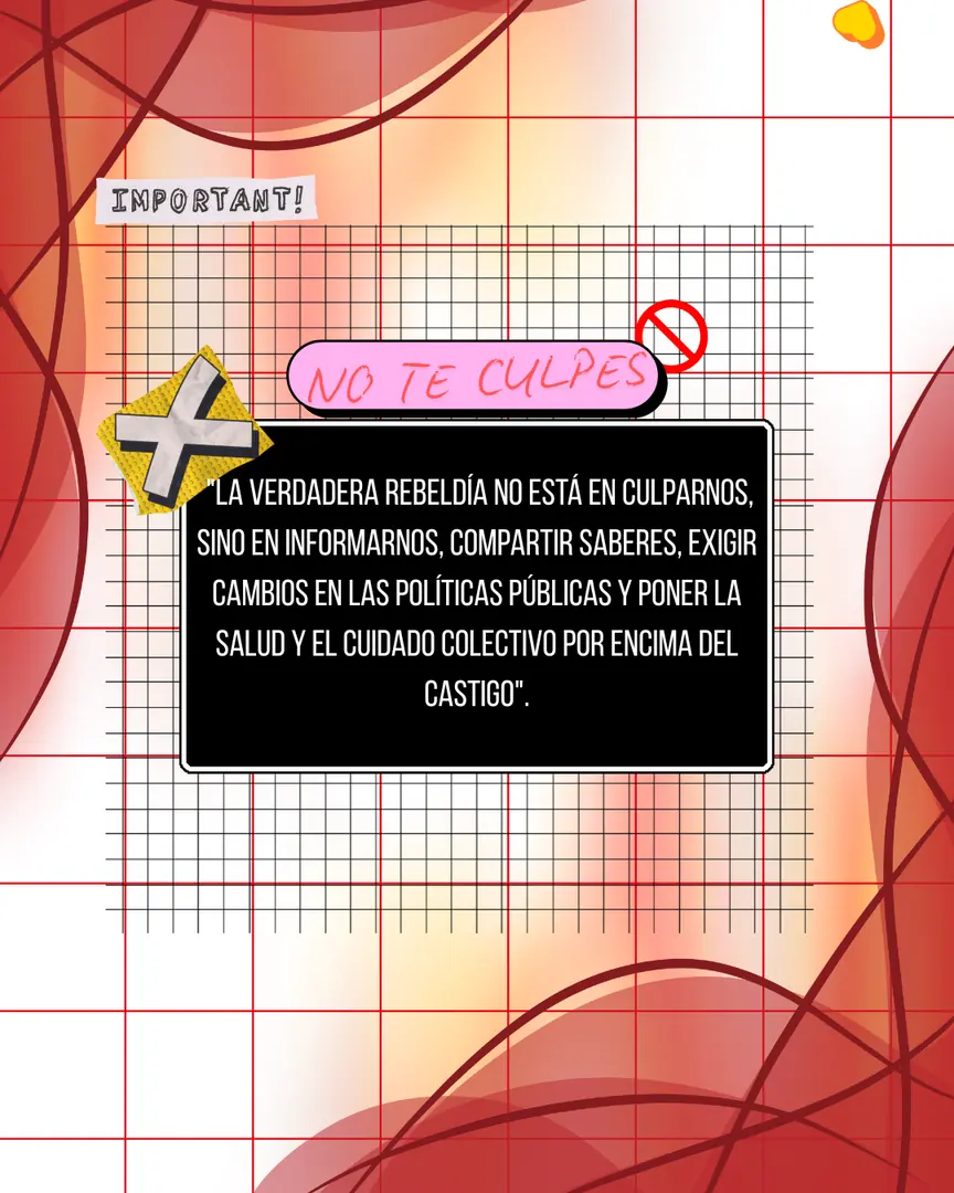 Recuadro negro sobre fondo rojo y naranja, con una etiqueta rosa que dice «No te culpes».