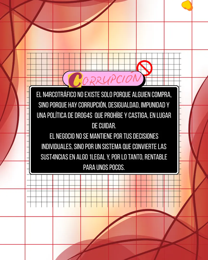 Recuadro negro con una etiqueta rosa que dice «Corrupción».