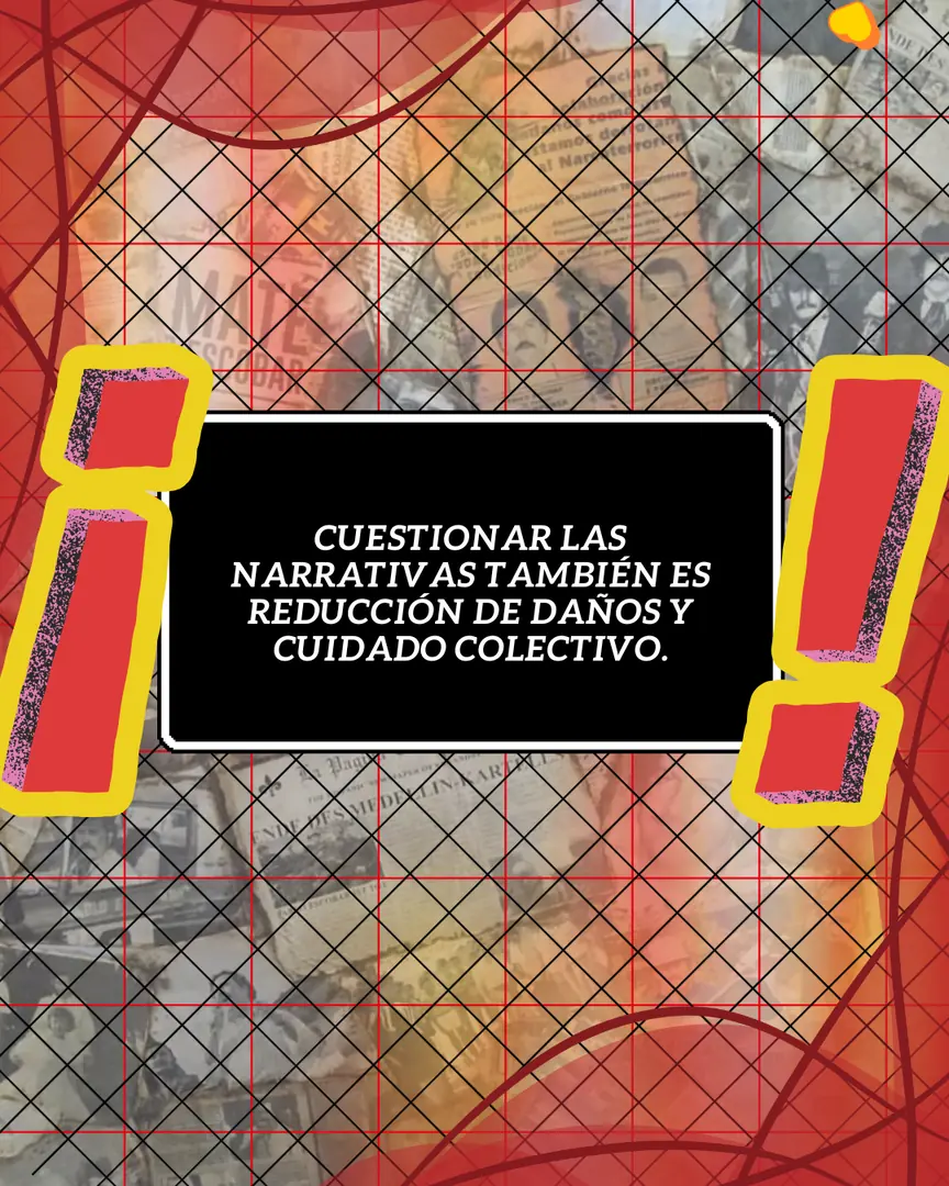 Collage de recortes de prensa sobre narcotráfico con un recuadro negro entre dos signos de admiración.