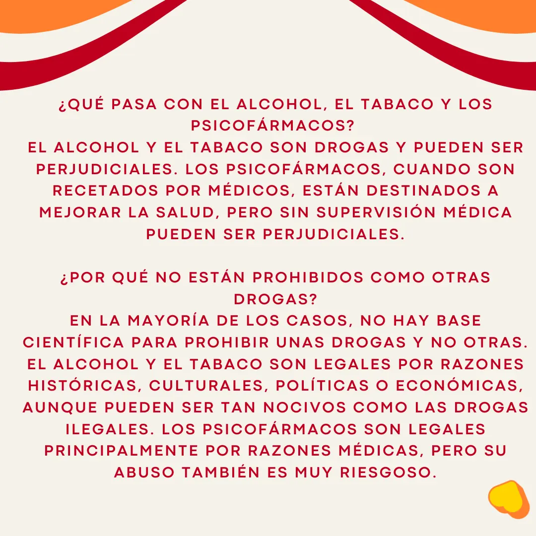 Fondo crema con dos preguntas y sus respuestas sobre el alcohol, el tabaco y los psicofármacos.