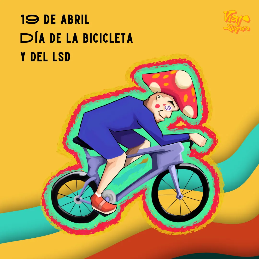 Portada: ilustración de una persona con cabeza de hongo pedaleando una bicicleta, sobre fondo amarillo.