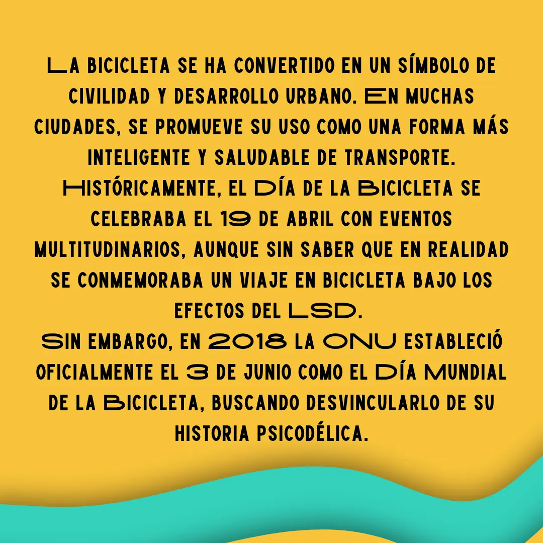 Fondo amarillo con texto sobre el origen del Día de la Bicicleta.