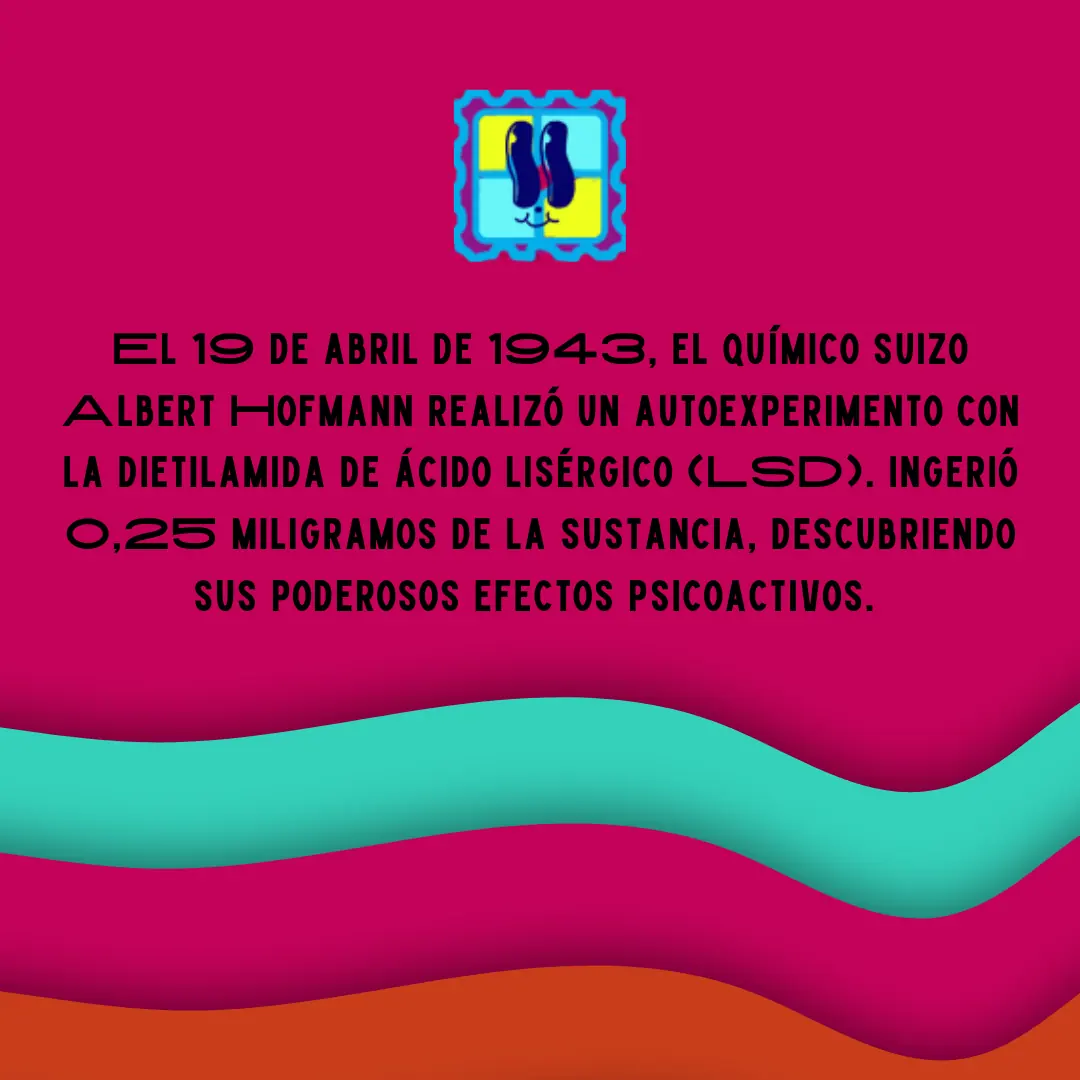 Fondo rosa mexicano con un sello de blotter de LSD y el relato del autoexperimento de Hofmann.