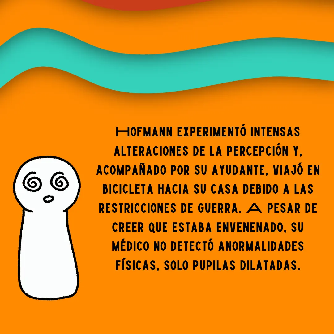 Fondo naranja con una figura de ojos en espiral y el relato del trayecto en bicicleta.