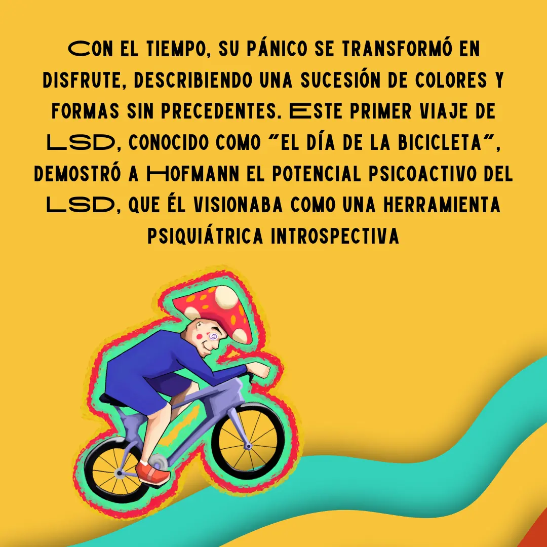 Fondo amarillo con la ilustración del ciclista con cabeza de hongo.