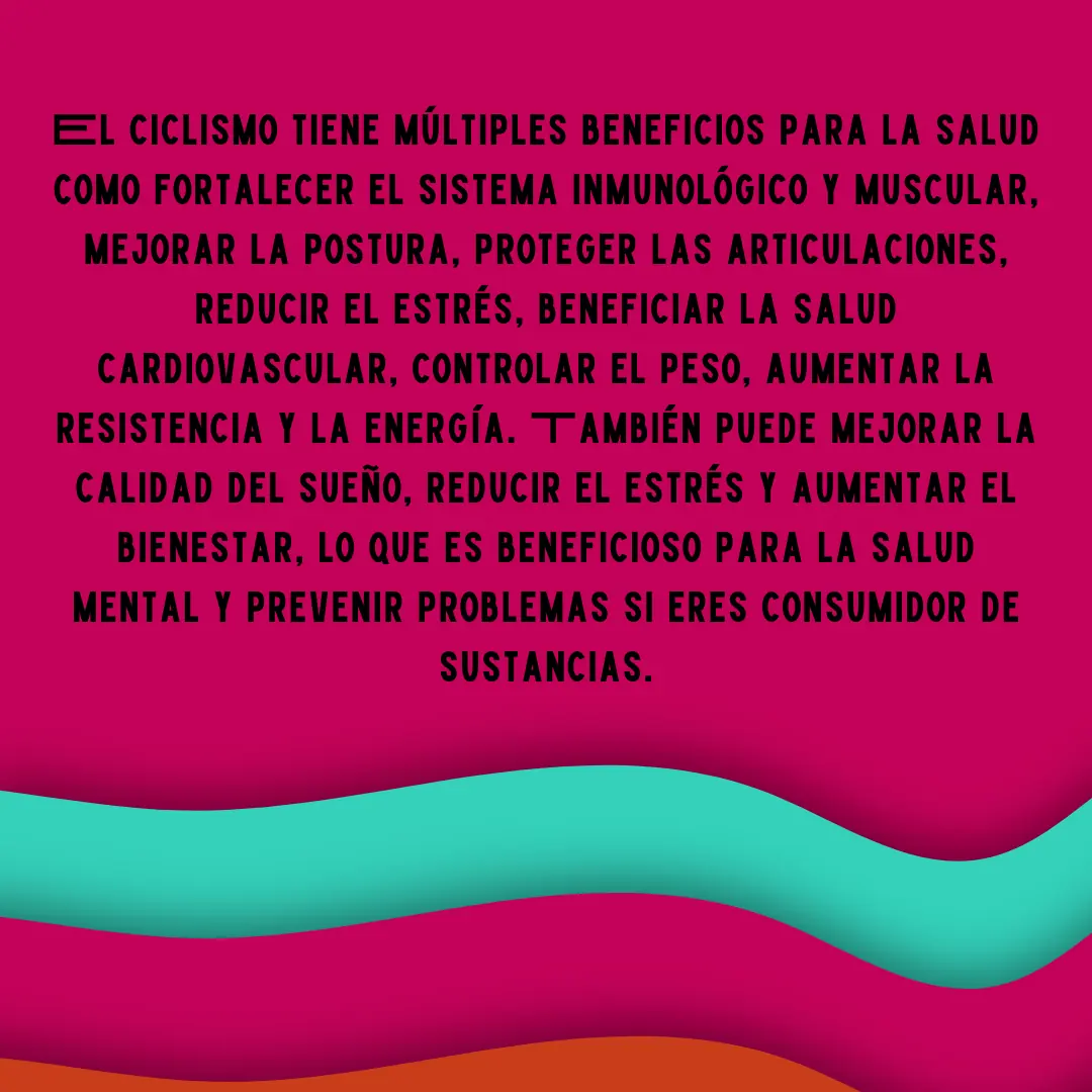Fondo rosa mexicano con el texto sobre los beneficios del ciclismo.