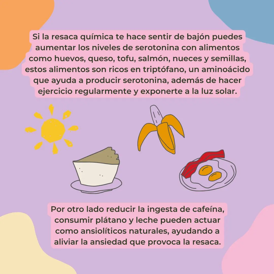 Fondo lila con ilustraciones de un sol, un plátano, huevos con tocino y un tazón.