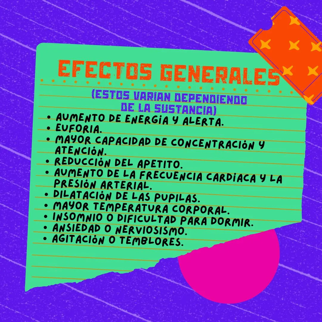 Papel verde sobre fondo violeta con la lista de efectos generales.