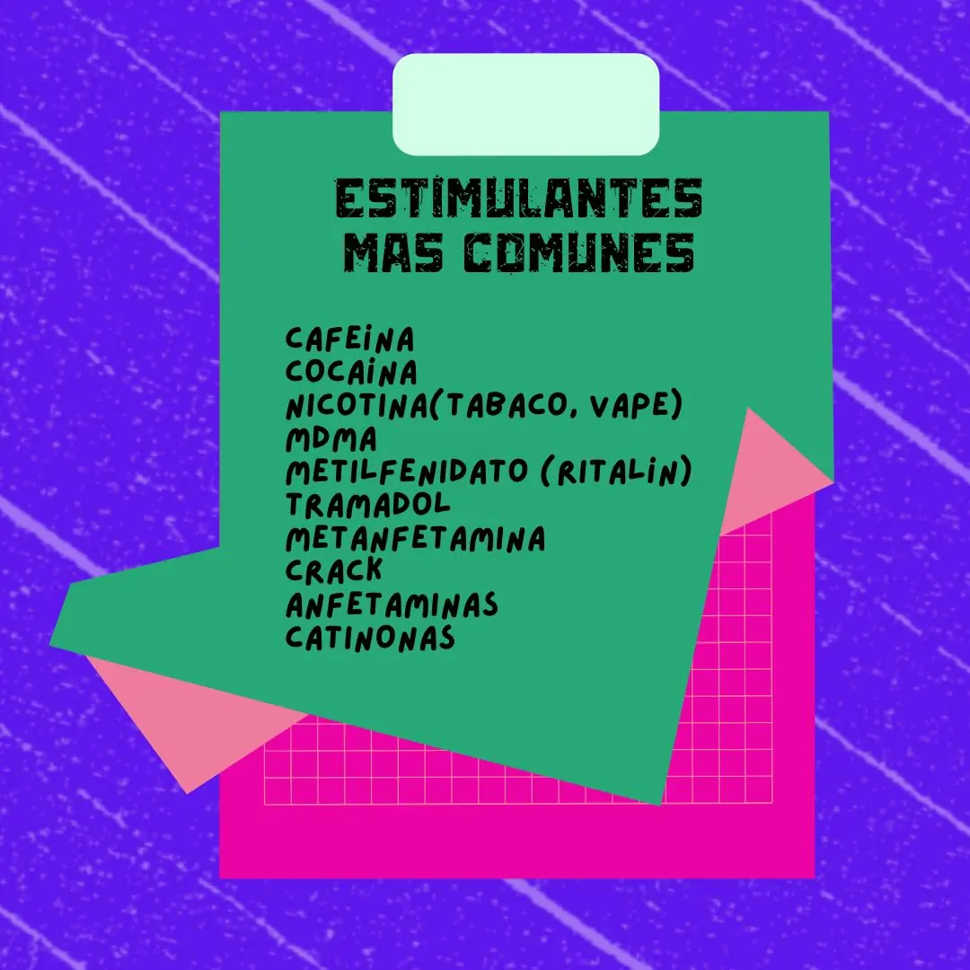 Papel verde sobre fondo violeta con la lista de los estimulantes más comunes.