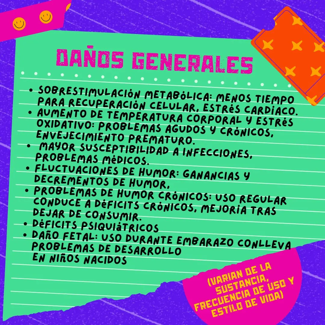 Papel verde sobre fondo violeta con la lista de daños generales.