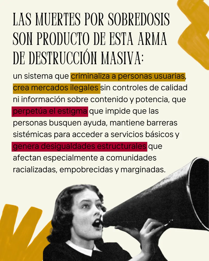 Fondo crema con una fotografía retro de una mujer hablando por un megáfono y brochazos amarillos.