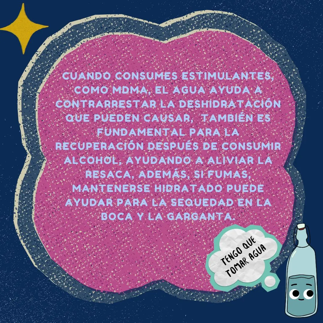 Flor rosa sobre fondo azul marino con la ilustración de una botella pensando «tengo que tomar agua».