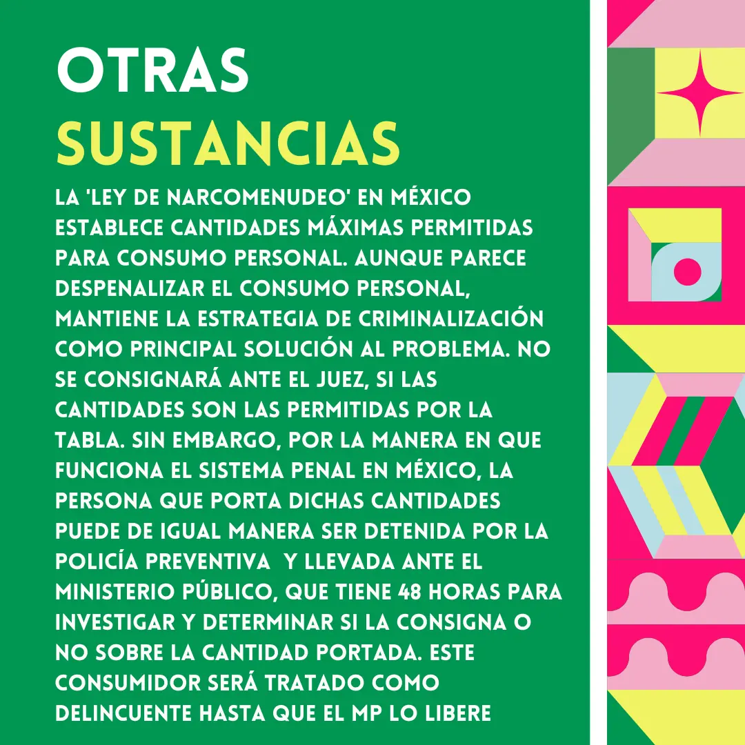 Fondo verde con el texto sobre la ley de narcomenudeo.