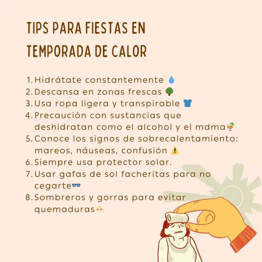 Fondo rosa pálido con la lista de consejos y la ilustración de una persona con un paño en la frente.