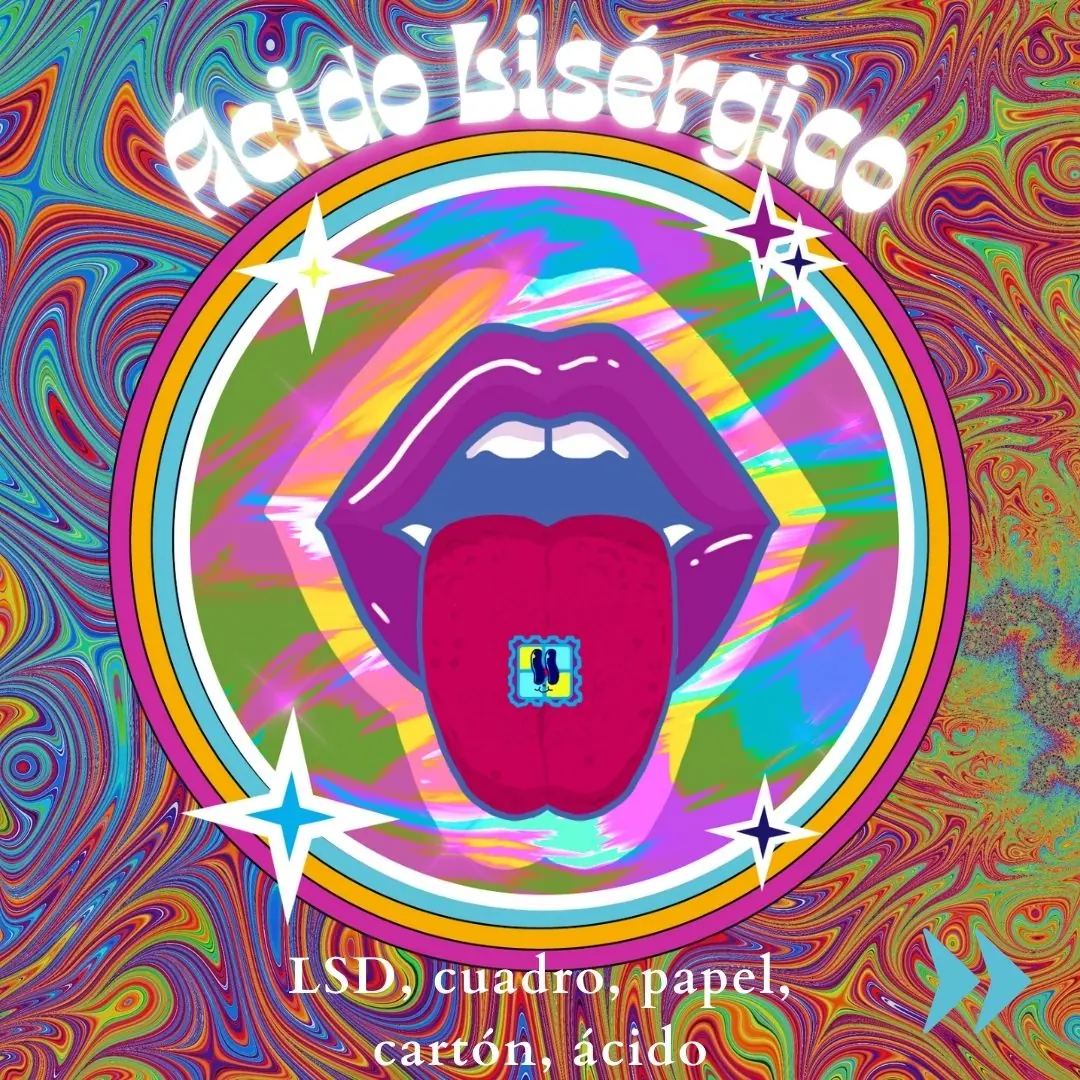 Portada psicodélica con una boca sacando la lengua con un blotter encima, dentro de un círculo de colores.