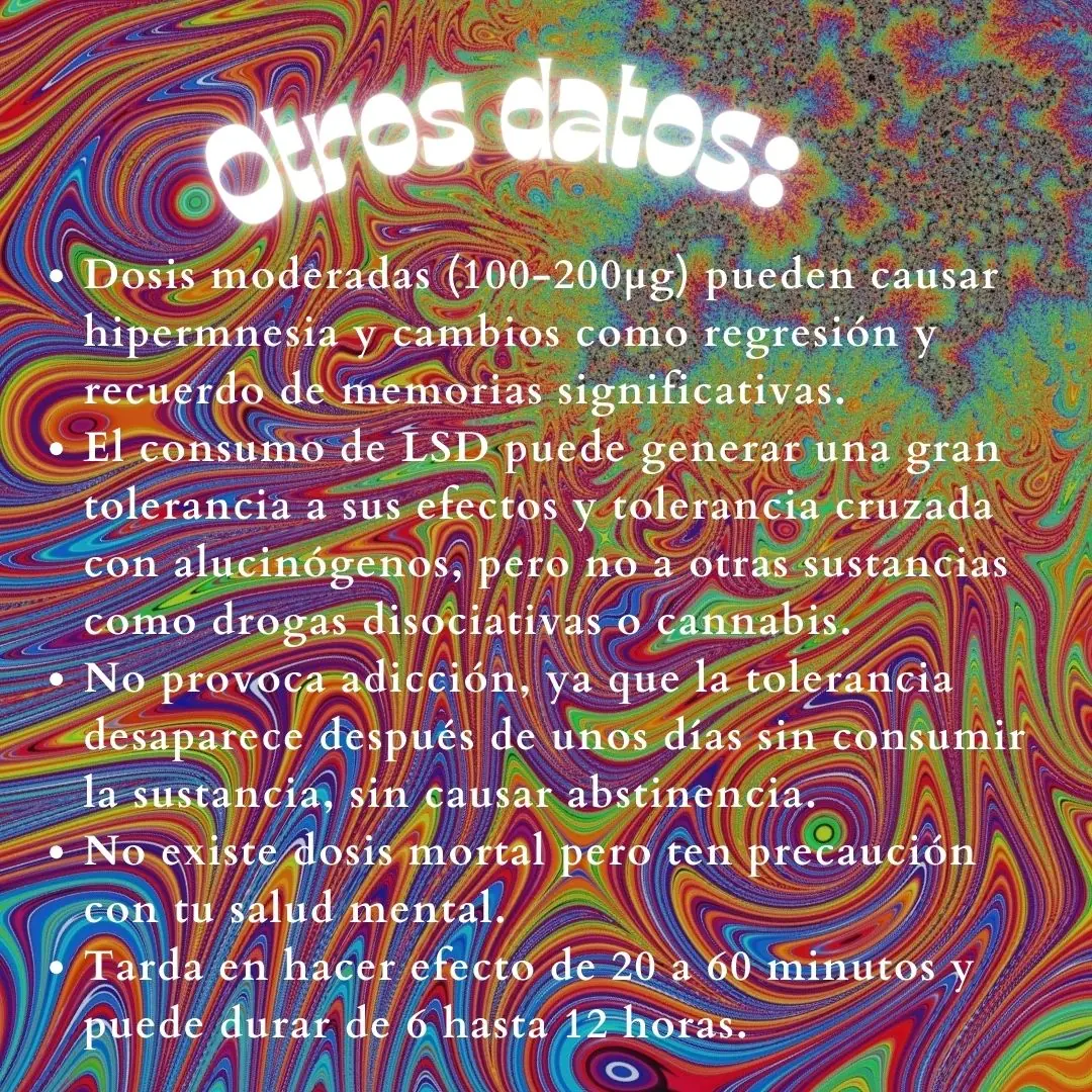 Fondo psicodélico con datos adicionales sobre tolerancia y duración.