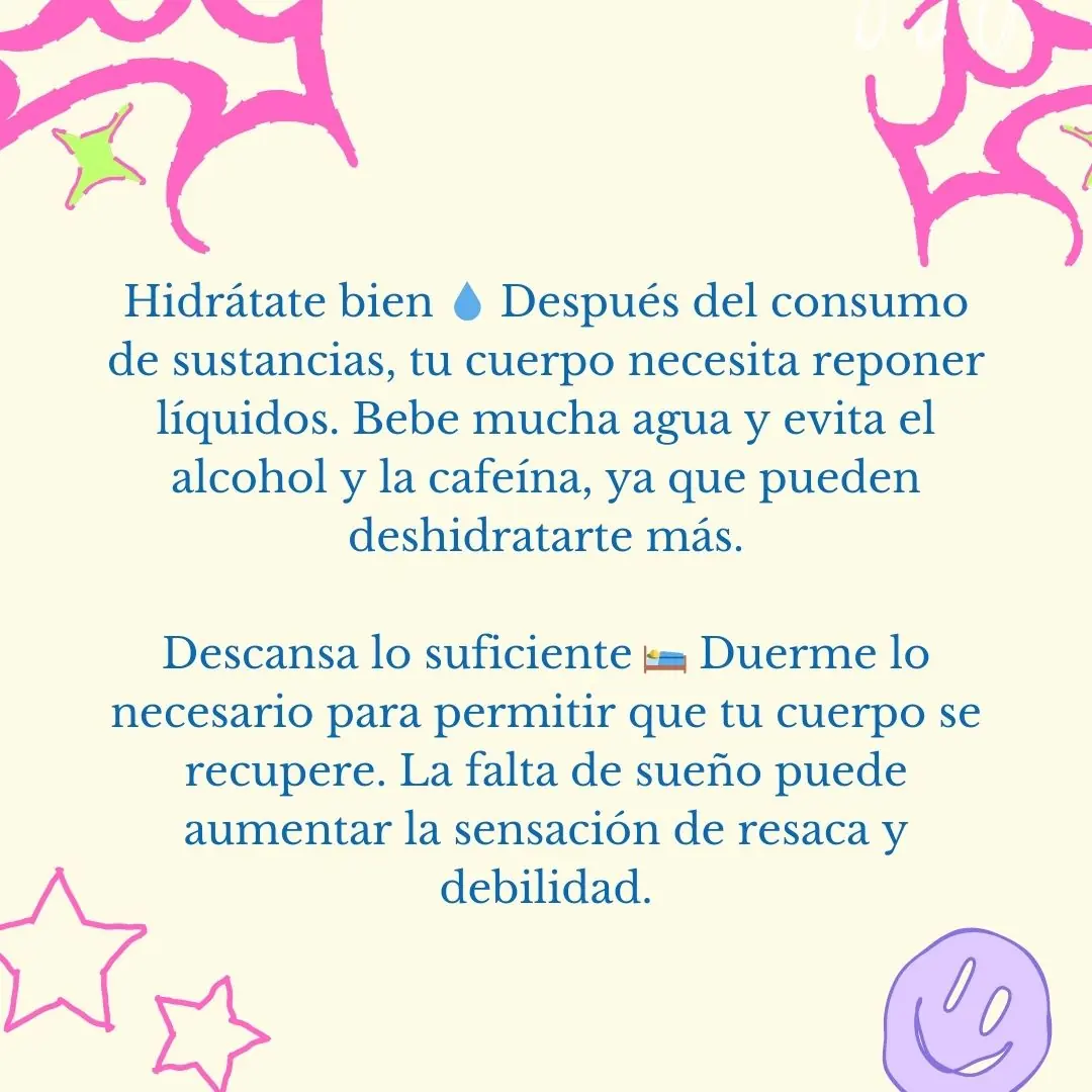Fondo amarillo con estrellas rosas y los consejos de hidratación y descanso.