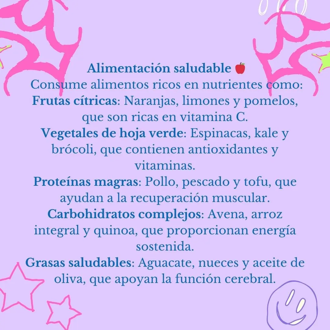 Fondo lila con la lista de alimentos recomendados.