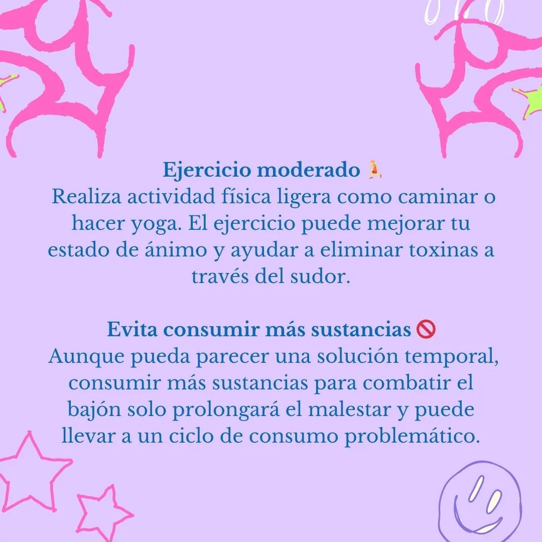 Fondo lila con los consejos de ejercicio y de no seguir consumiendo.