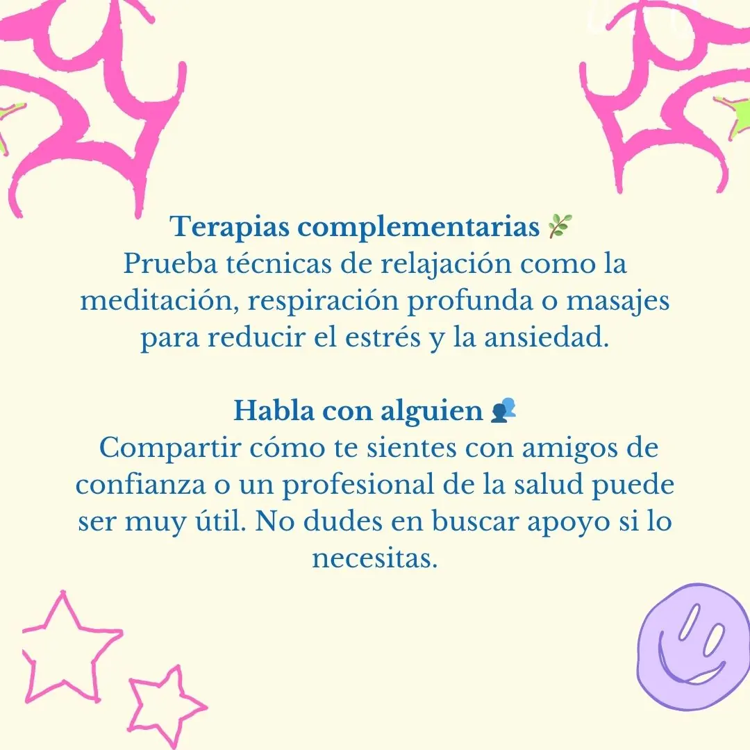 Fondo amarillo con los consejos de terapias complementarias y apoyo.