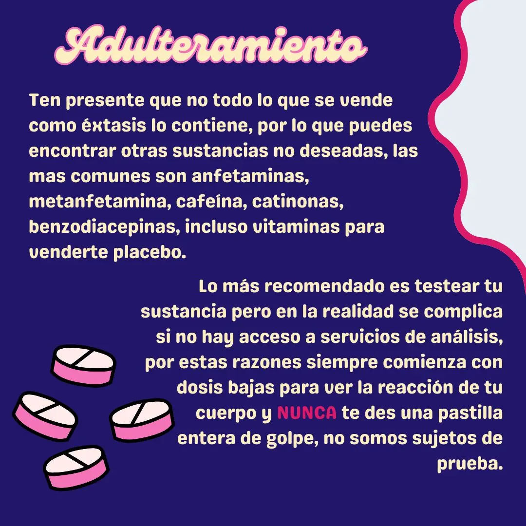 Fondo azul marino con el apartado sobre adulteramiento y la ilustración de unas pastillas.