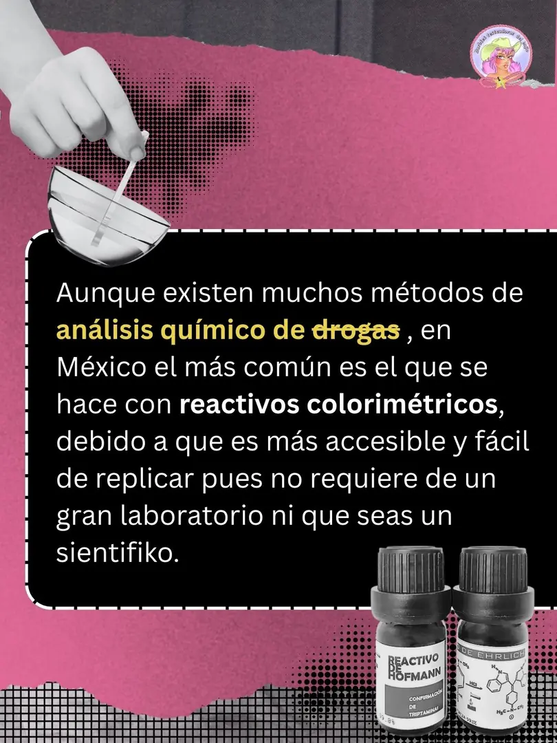 Collage rosa con una mano dejando caer una gota en un recipiente y dos frascos de reactivos.
