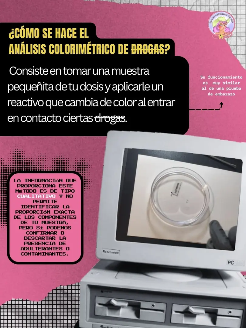 Collage rosa con la fotografía de un monitor antiguo que muestra una cápsula de Petri con una muestra.