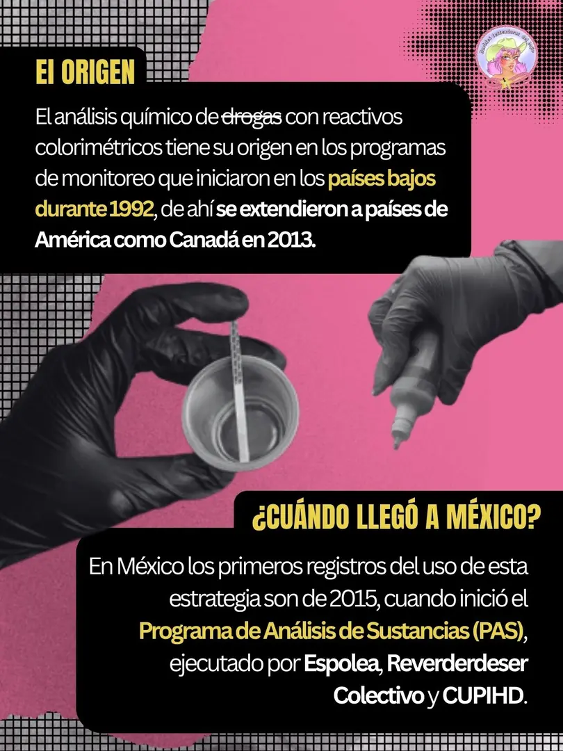 Collage rosa con dos manos enguantadas sosteniendo un recipiente con una tira reactiva.