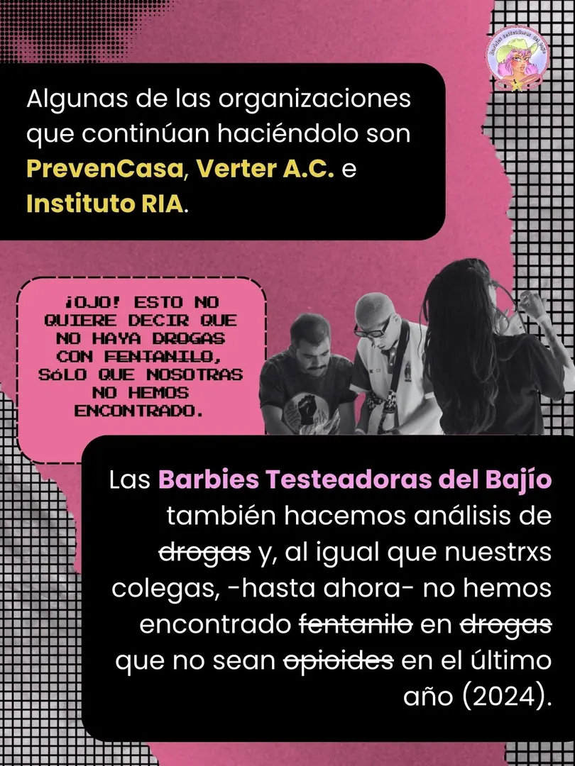 Collage rosa con la fotografía de tres personas trabajando en una mesa de testeo.