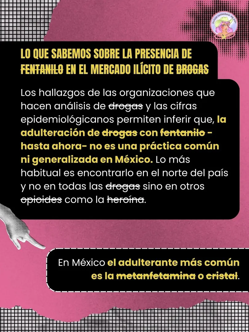 Collage rosa con una mano señalando hacia abajo y dos recuadros negros con el texto.