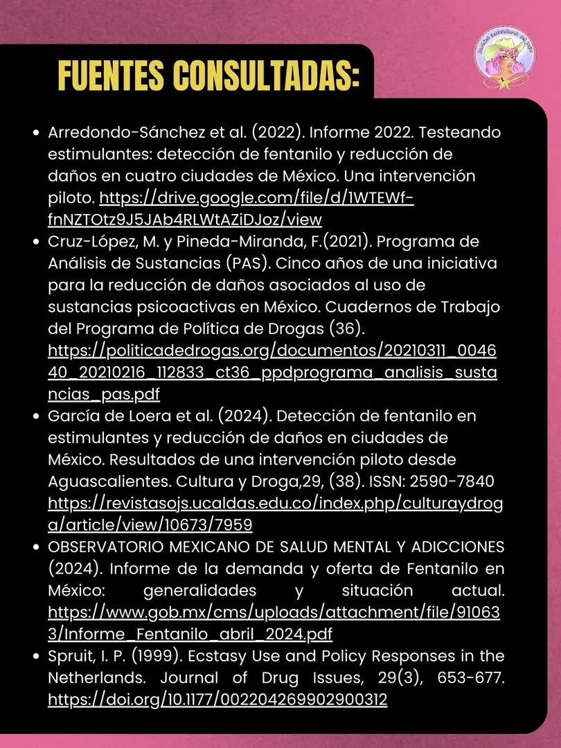 Fondo rosa con un recuadro negro con la lista de fuentes consultadas.