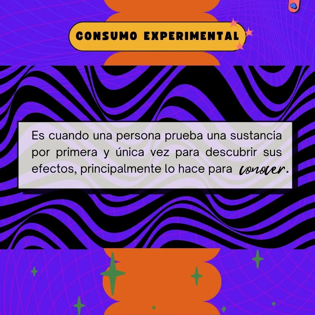 Fondo psicodélico morado con una etiqueta amarilla que dice «Consumo experimental».