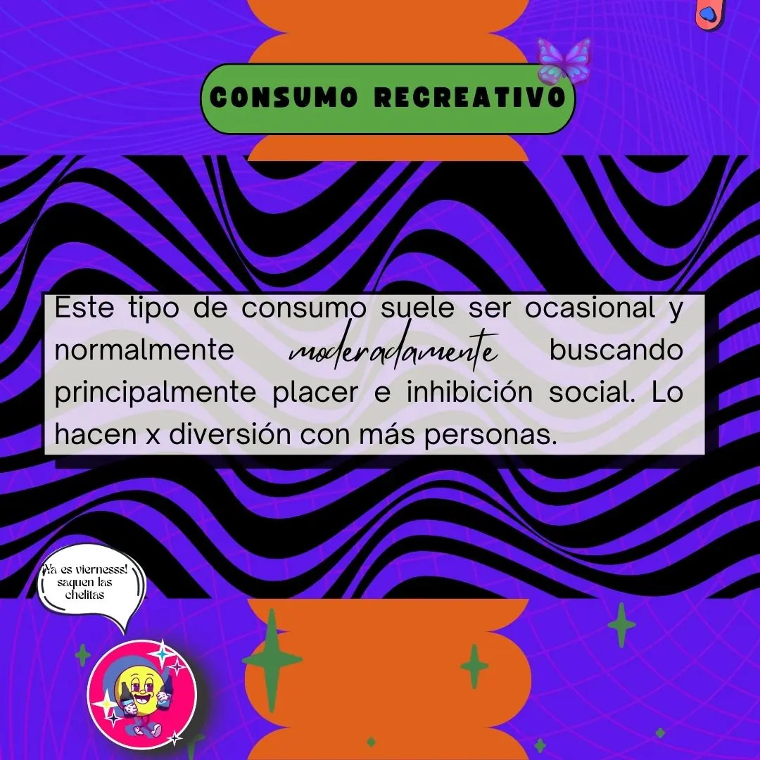 Fondo psicodélico morado con una etiqueta verde que dice «Consumo recreativo» y una carita con una chela.