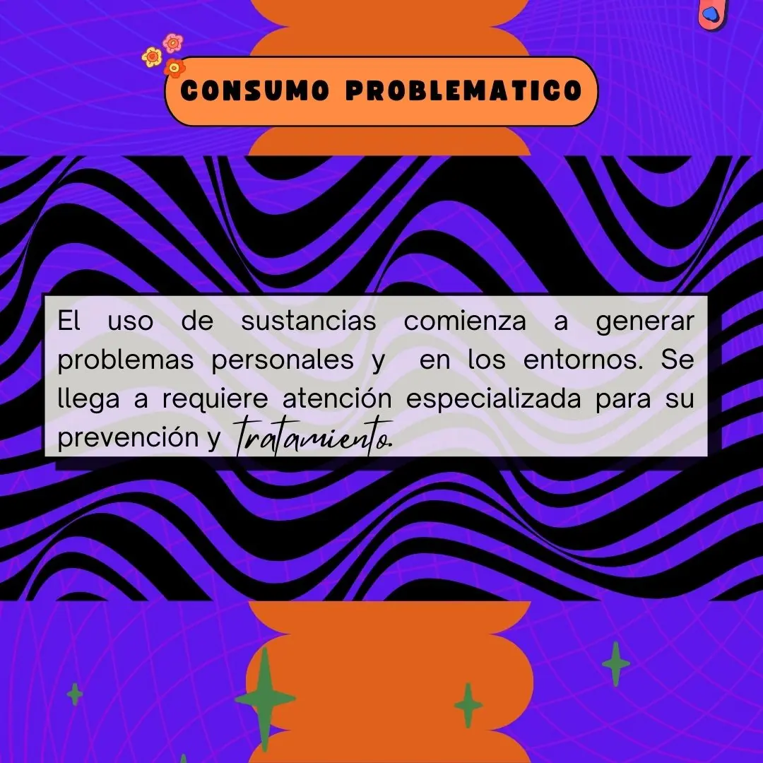 Fondo psicodélico morado con una etiqueta naranja que dice «Consumo problemático».