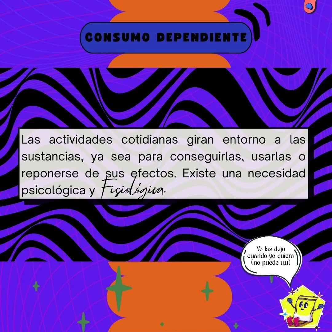 Fondo psicodélico morado con una etiqueta azul que dice «Consumo dependiente» y una viñeta de una cajetilla.