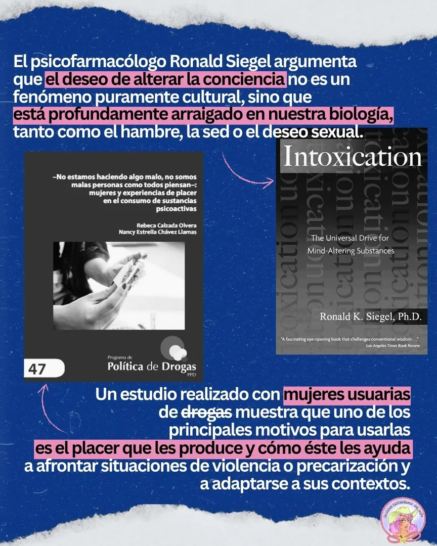 Fondo azul con las portadas de dos libros: un cuadernillo del Programa de Política de Drogas y el libro «Intoxication» de Ronald K. Siegel.