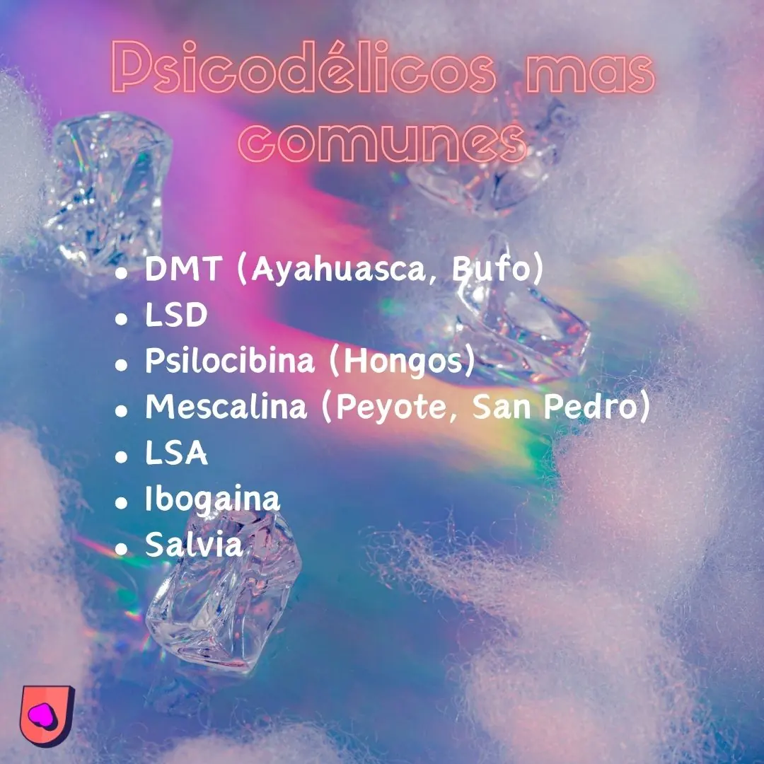 Fondo con cristales iridiscentes y la lista de psicodélicos más comunes.
