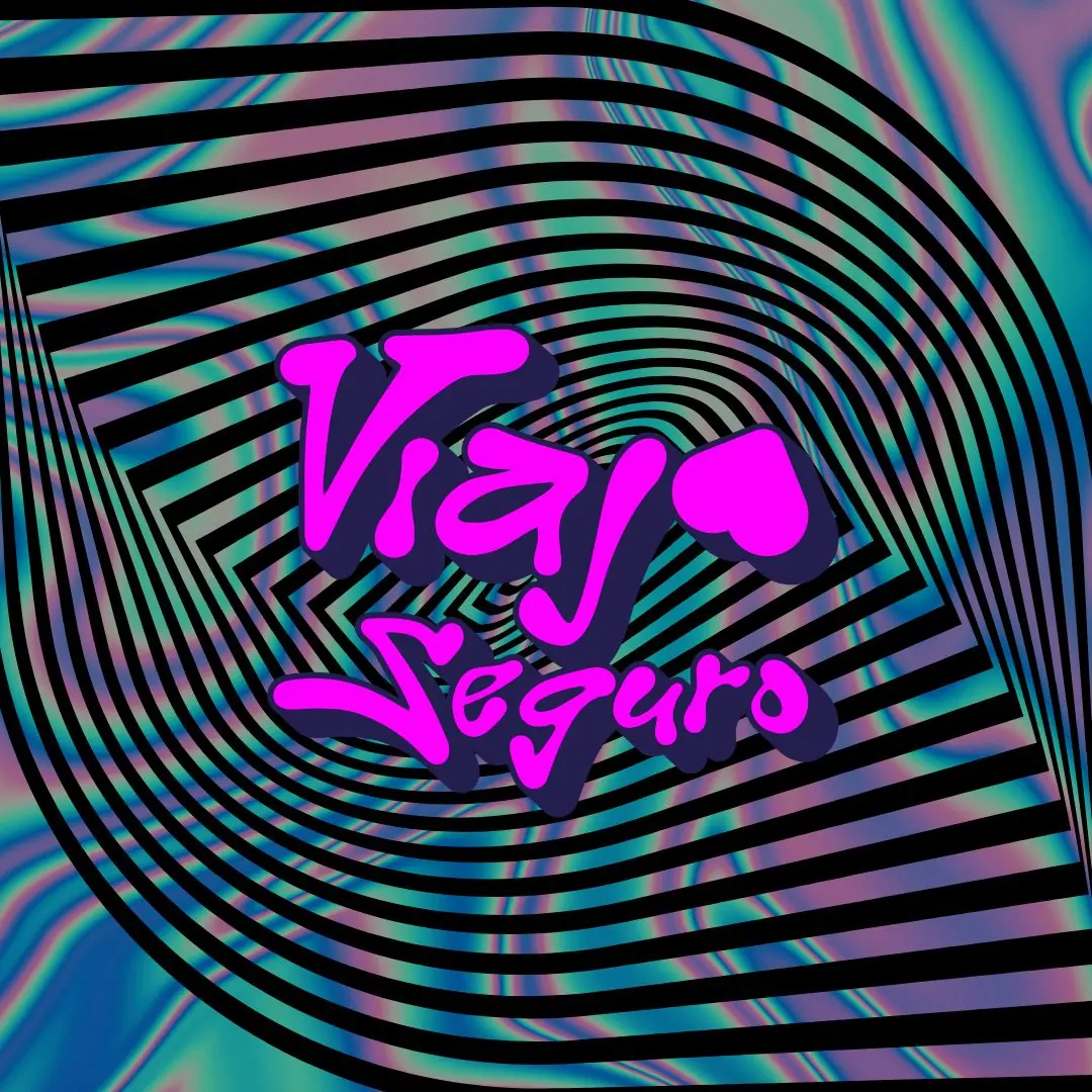 Cierre con el logotipo de Viaja Seguro sobre un fondo de líneas concéntricas iridiscentes.
