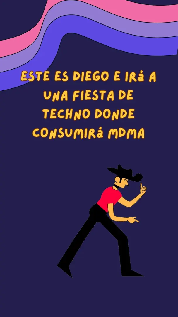 Fondo azul marino con ondas de colores y la ilustración de una persona bailando con sombrero.